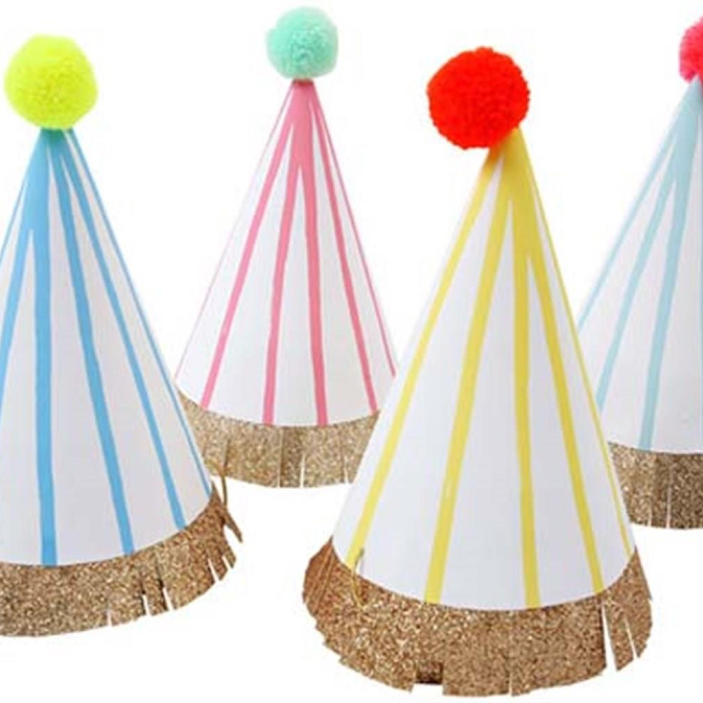 Meri Meri - Stripe & Pompom Party Hats - Çizgili & Ponponlu Parti Şapkaları - L - ST00174 -